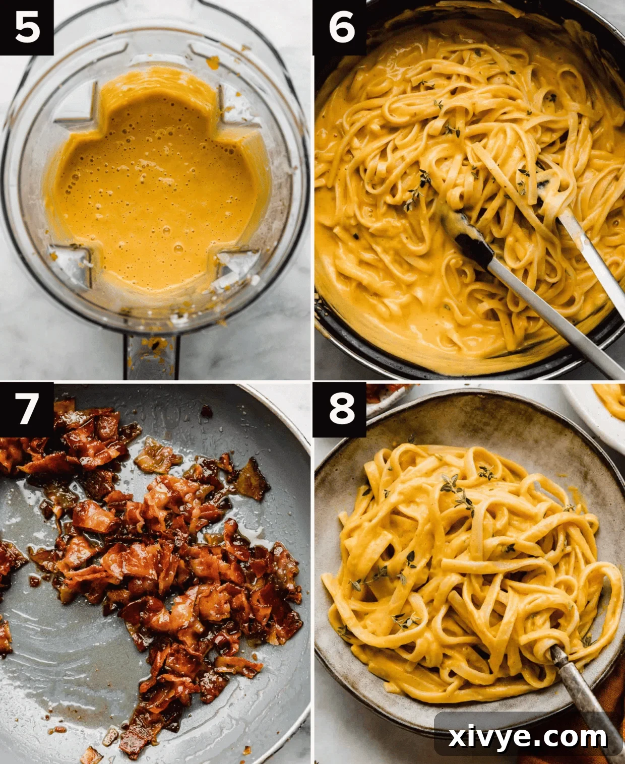 Velvety Butternut Alfredo 5 Four images showing how to make Alfredo butternut squash, top left image is creamy orange butternut squash sauce in a blender, top right is fettuccine noodles mixed in butternut squash sauce, both left is maple glazed bacon, bottom right photo is Butternut Squash Alfredo in a gray bowl.
