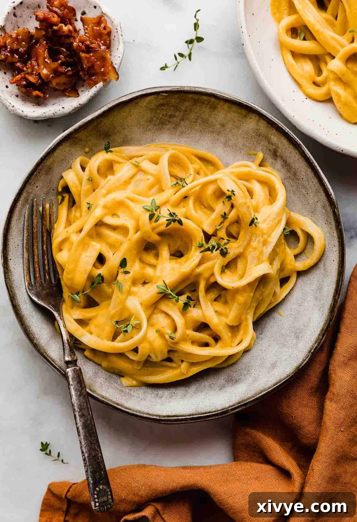 Velvety Butternut Alfredo 6 Butternut Squash Alfredo pasta with fettuccine noodles in a gray pasta bowl on a white background.