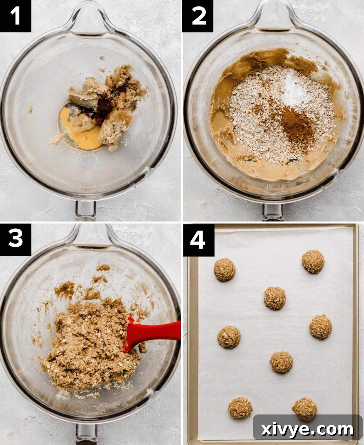 Four photos showing the process of making oatmeal cream pie cookie dough: Top two images show butter and sugar, then flour and oats being added. Bottom two images display the mixed cookie dough (bottom left) and portioned cookie dough balls on a baking sheet (bottom right).