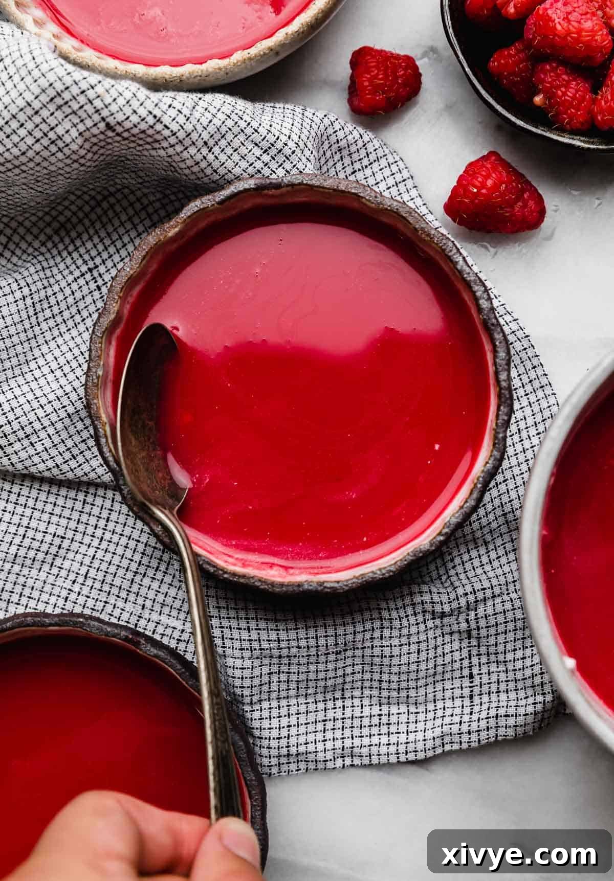 A black rimmed bowl filled with brightly colored Cold Raspberry Soup on a small checkered linen napkin, garnished with fresh raspberries.