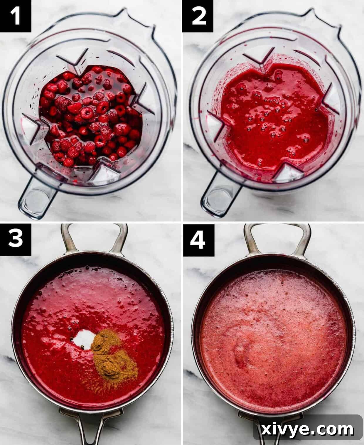Four photos showing how to make the best homemade raspberry soup: blender with fresh raspberries in it (top left), pureed raspberries in blender (top right), raspberry puree, sugar, and cinnamon in a saucepan (bottom left), red raspberry sauce in a saucepan (bottom right).