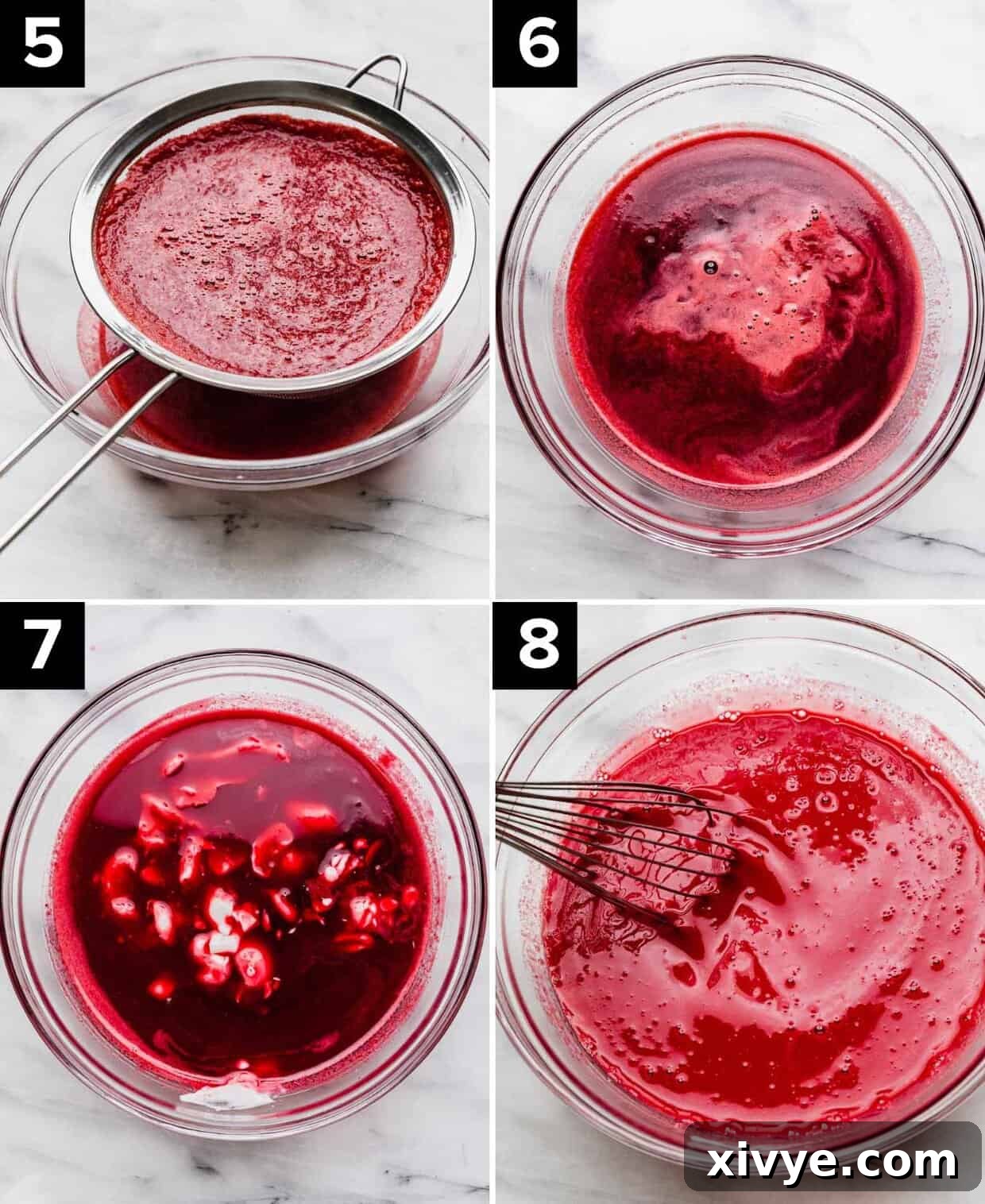 Four photos showing the process of how to make raspberry soup recipe: fine mesh strainer over a bowl with raspberry soup being poured into the strainer (top left), sieved raspberry soup in glass bowl (top right), yogurt added to raspberry soup in a glass bowl (bottom left), a whisk stirring raspberry soup in a glass bowl (bottom right).