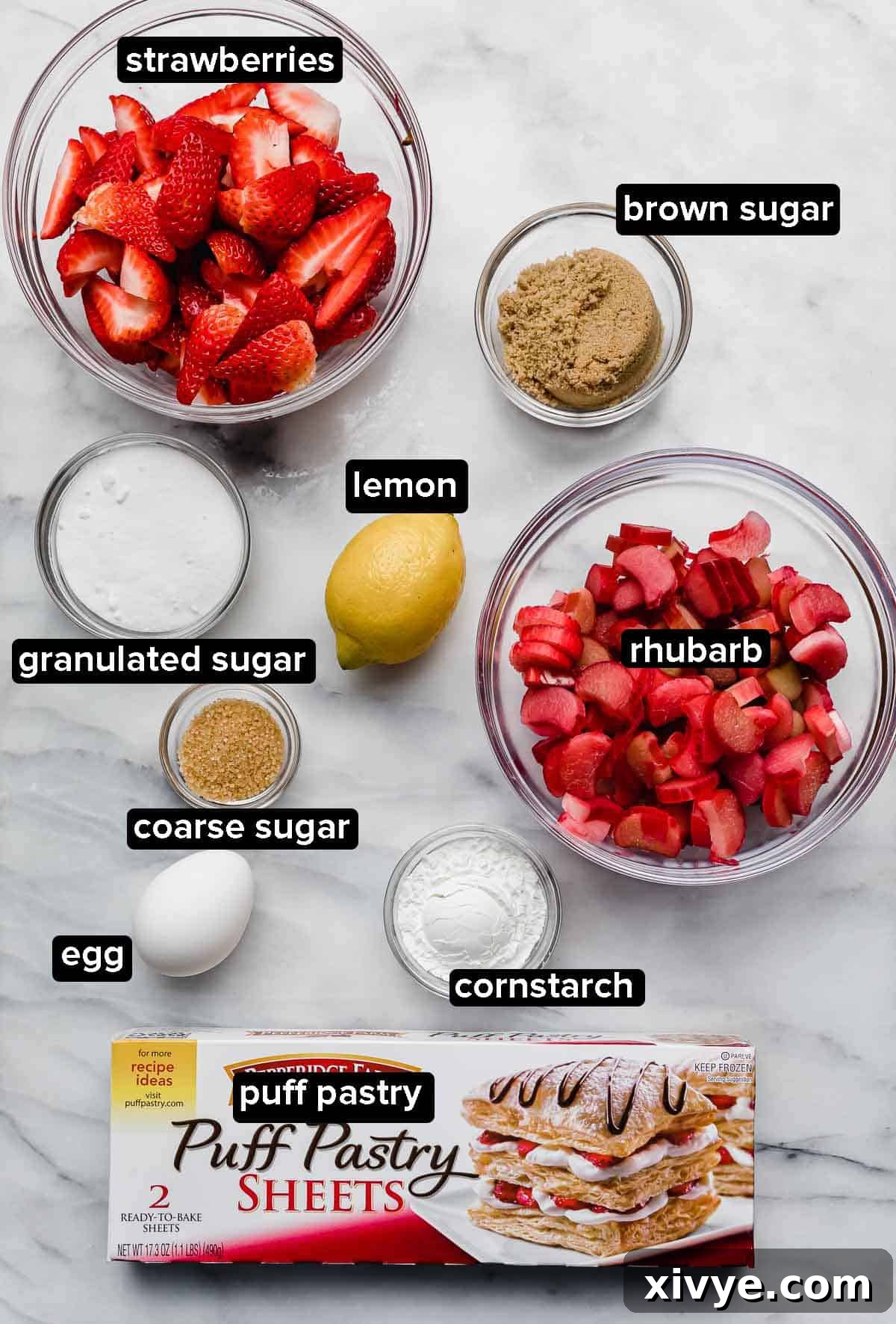 Sweet and Tart Rhubarb Strawberry Galette 3 Ingredients used to make a Rhubarb Strawberry Galette recipe: fresh strawberries, rhubarb, puff pastry sheets, egg, sugar, cornstarch, and lemon.