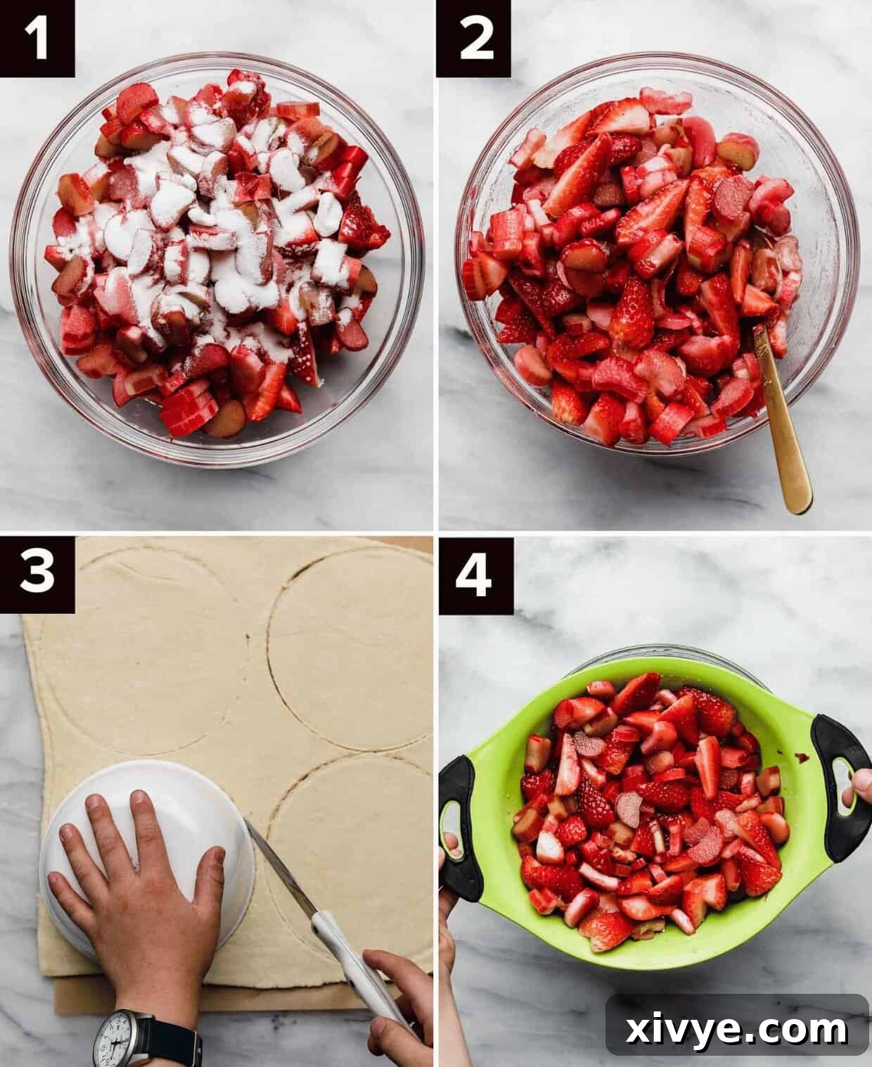 Sweet and Tart Rhubarb Strawberry Galette 4 Four photos showing the process of how to make a strawberry rhubarb galette: granulated sugar over chopped rhubarb in a glass bowl (top left), sugar coated rhubarb and strawberries in a bowl (top right), a hand cutting a round circle in puff pastry sheets (bottom left), strawberries and rhubarb in a light green colander (bottom right).