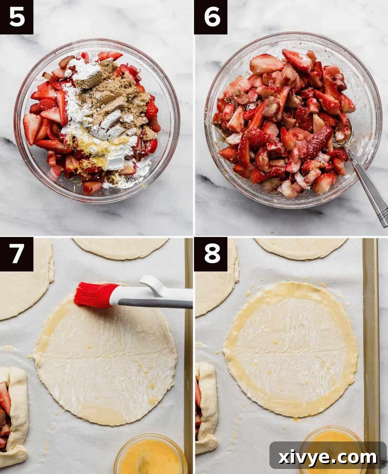 Sweet and Tart Rhubarb Strawberry Galette 5 Four photos showing how to make an easy foolproof strawberry rhubarb galette: brown sugar on top of strawberries and rhubarb in a glass bowl (top left), cornstarch and sugar coated strawberries and rhubarb in a glass bowl (top right), egg wash being spread around a round puff pastry circle (bottom left and right images).