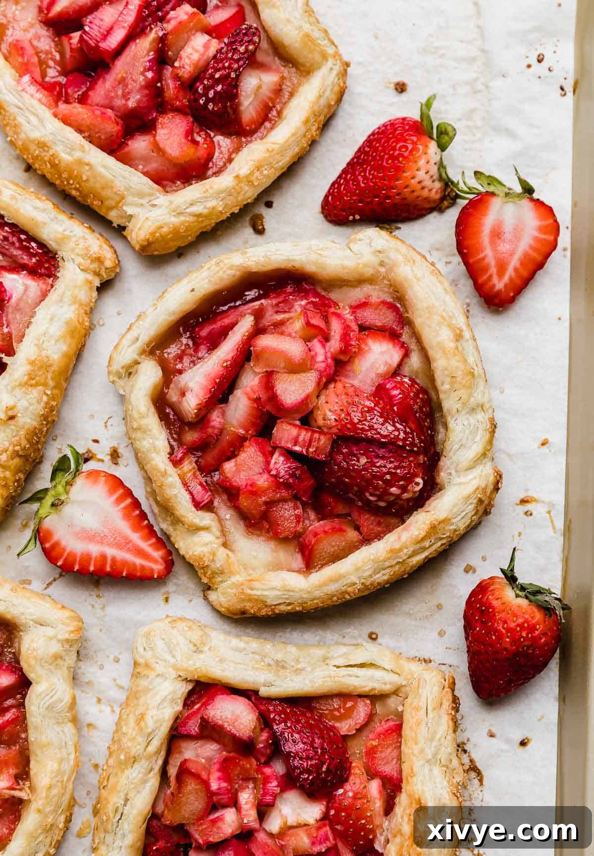 Sweet and Tart Rhubarb Strawberry Galette 8 A square Rhubarb Strawberry Galette on a baking sheet with a few fresh strawberries on the baking sheet near the puff pastry galette.