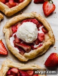 Vanilla ice cream topped Rhubarb Strawberry Galette.