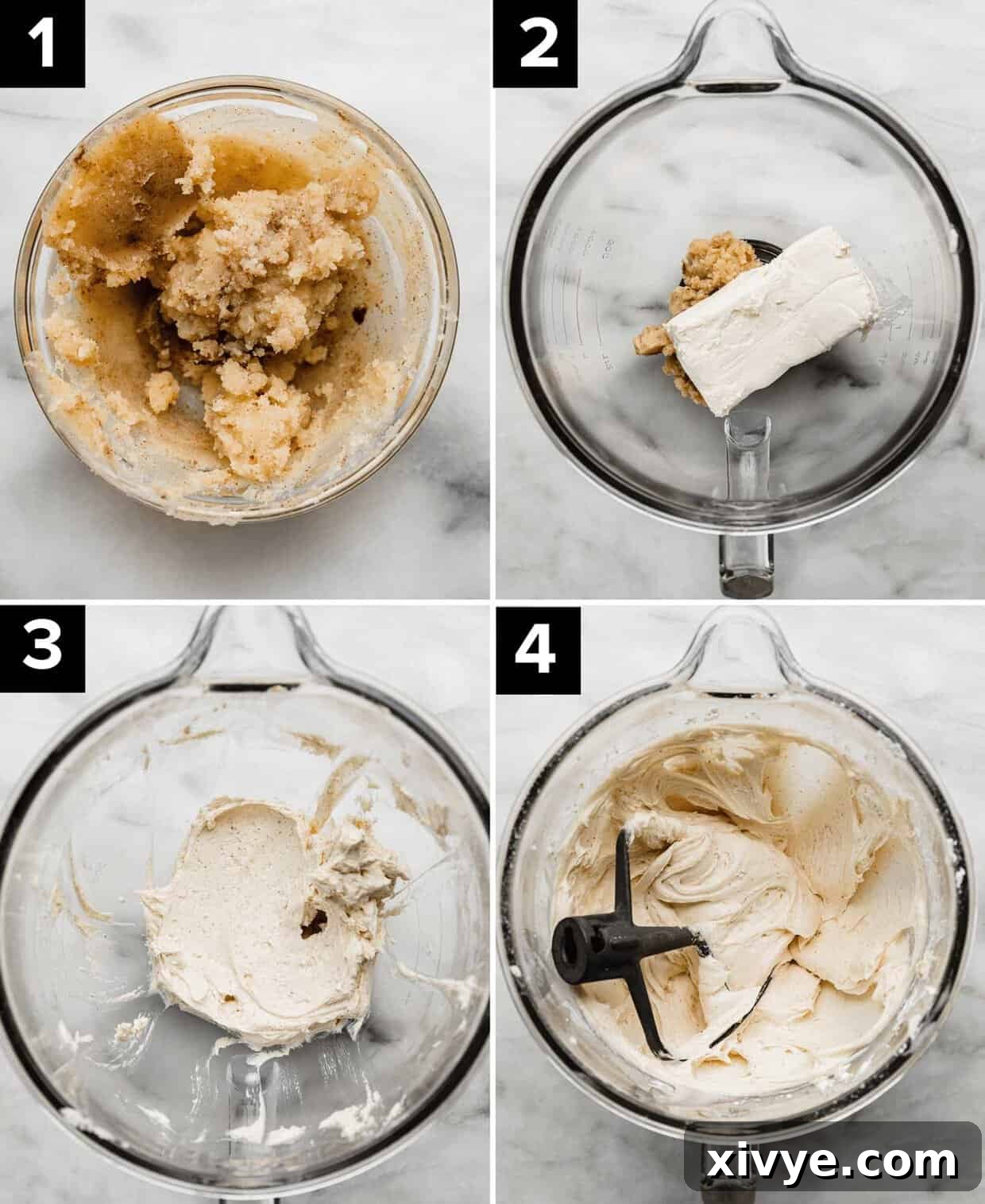 Four photos showing the process of how to make easy browned butter cream cheese frosting using a block of cream cheese: brown butter in bowl (top left), cream cheese and butter in glass bowl (top right), creamed butter and cheese (bottom left), whipped browned butter cream cheese frosting in glass bowl (bottom right).