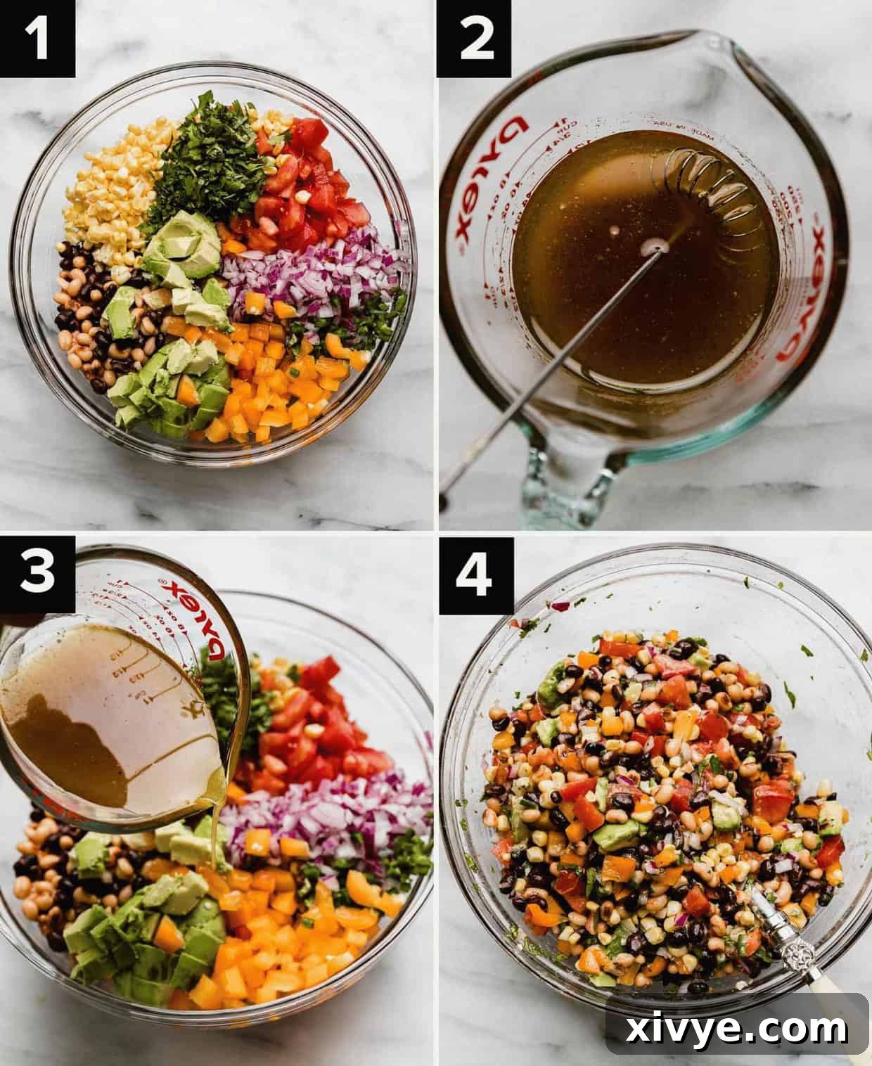 Vibrant Tex Mex Fiesta Salad 4 Four photos showing how to make an easy Texas Caviar recipe: chopped veggies in a glass bowl (top left), light brown colored dressing in a liquid measuring cup (top right), dressing being poured overtop cowboy caviar ingredients in a bowl (bottom left), tossed Texas Caviar recipe in a glass bowl on a white surface (bottom right).