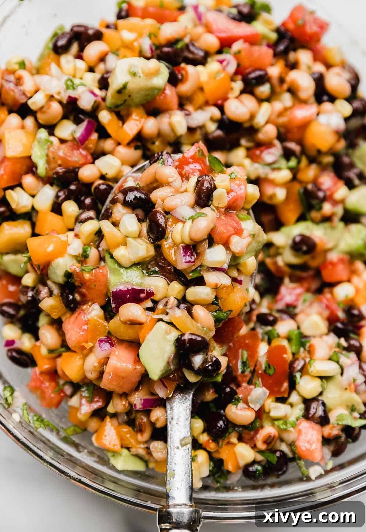 Vibrant Tex Mex Fiesta Salad 6 A large glass bowl filled with the best cowboy caviar (Texas Caviar) recipe with a large spoon scooping out the fresh dip.