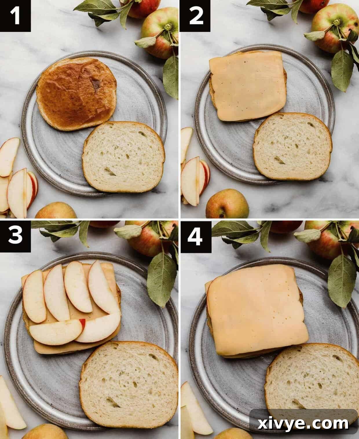 Crispy Apple Cheese Melt 4 Four photos showing the process of how to make an easy grilled cheese with apples on it: apple butter smeared on bread (top left), gouda cheese on top of the apple butter (top right), sliced apples on the cheese covered bread (bottom left), cheese covered over the sliced apples (bottom right).
