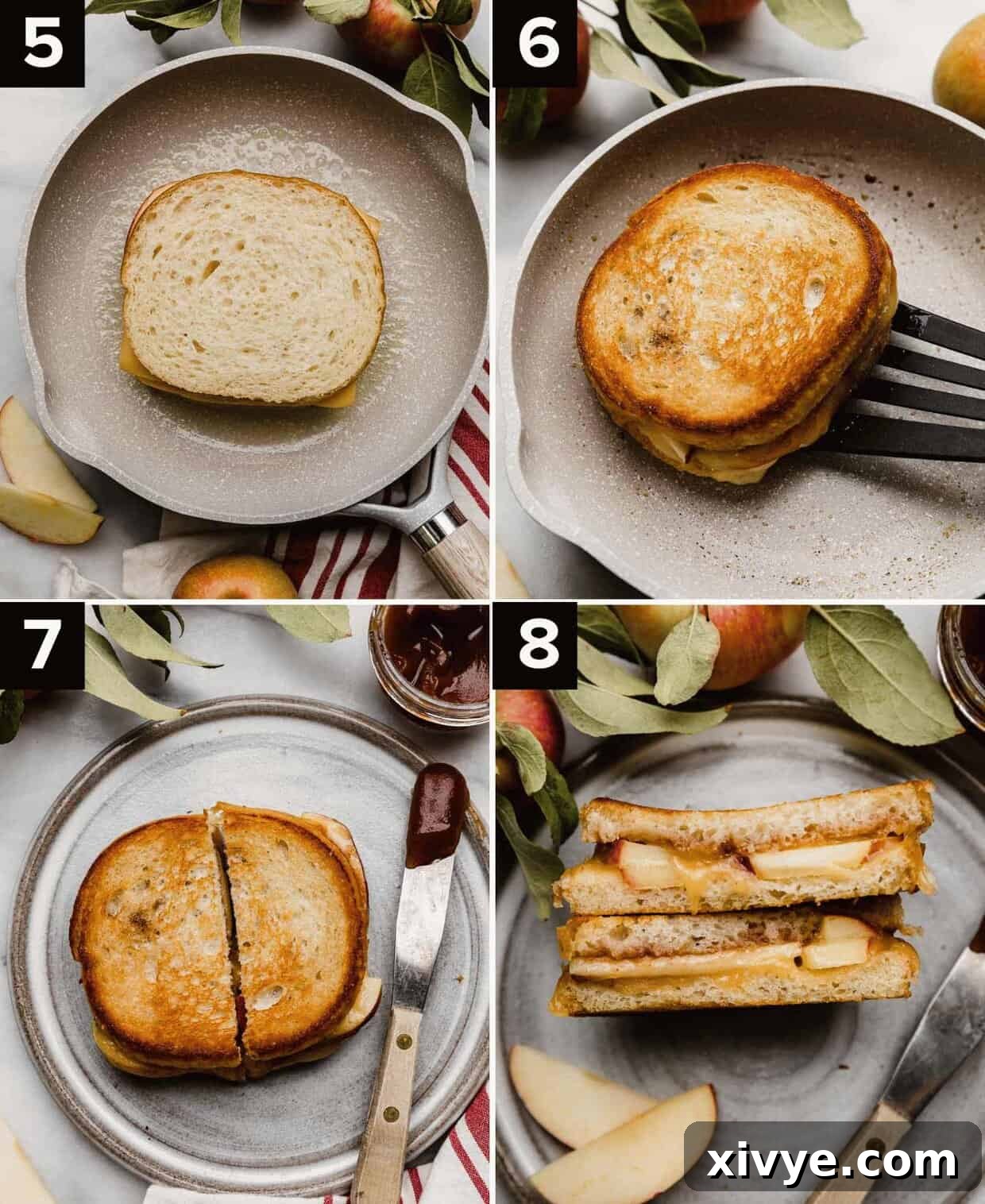 Crispy Apple Cheese Melt 5 Four photos showing how to make the best apple grilled cheese recipe, photos showing the sequence of pan frying the sandwich in butter and then cutting the sandwich in half.