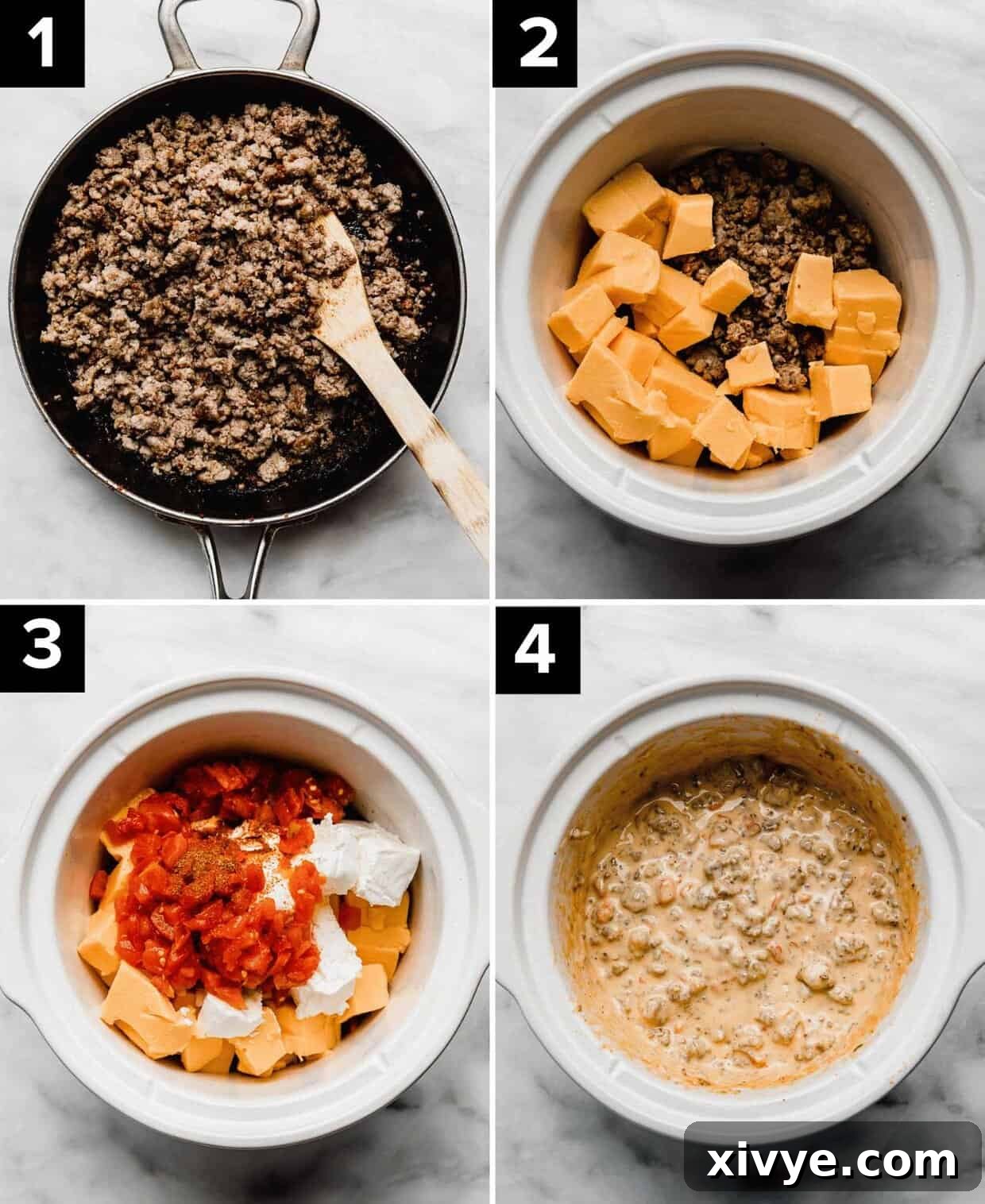 Kickin' Cream Cheese Sausage Dip 4 Four photos showing how to make the best beef and sausage rotel dip with Philadelphia cream cheese in a crock pot.