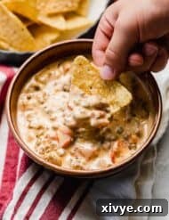 Kickin' Cream Cheese Sausage Dip 7 Cream Cheese Rotel and Sausage Dip in a brown bowl.