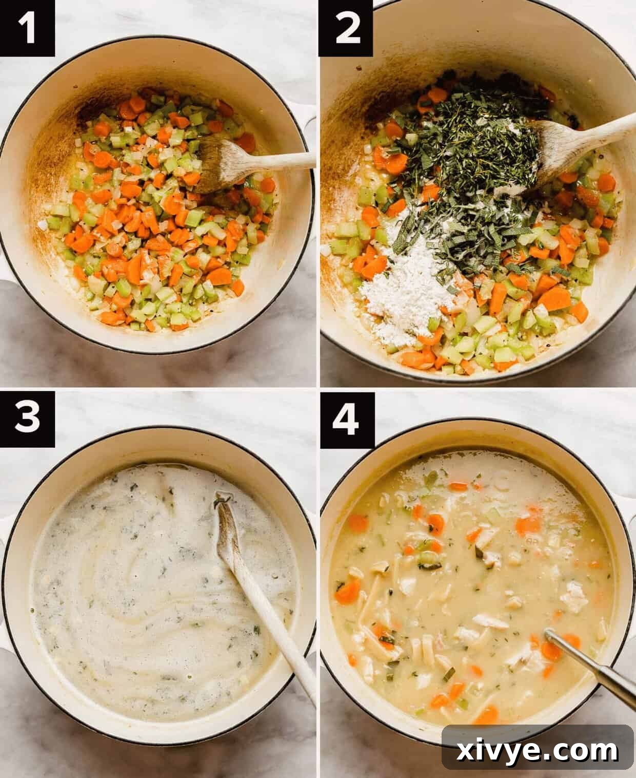 A visual guide showing four key stages of preparing the best creamy chicken noodle soup recipe: sautéing mirepoix, infusing fresh herbs, adding rich chicken broth, and stirring in wide egg noodles.