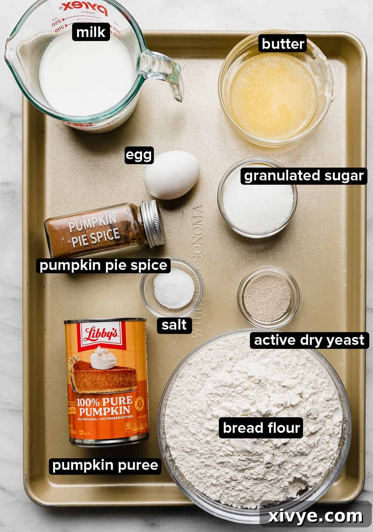 Warm Autumn Pumpkin Scrolls 3 Ingredients for the best Pumpkin Cinnamon Roll recipe: a bowl of milk, softened butter sticks, an egg, granulated sugar, active dry yeast, pumpkin puree, bread flour, salt, and pumpkin pie spice elegantly arranged.