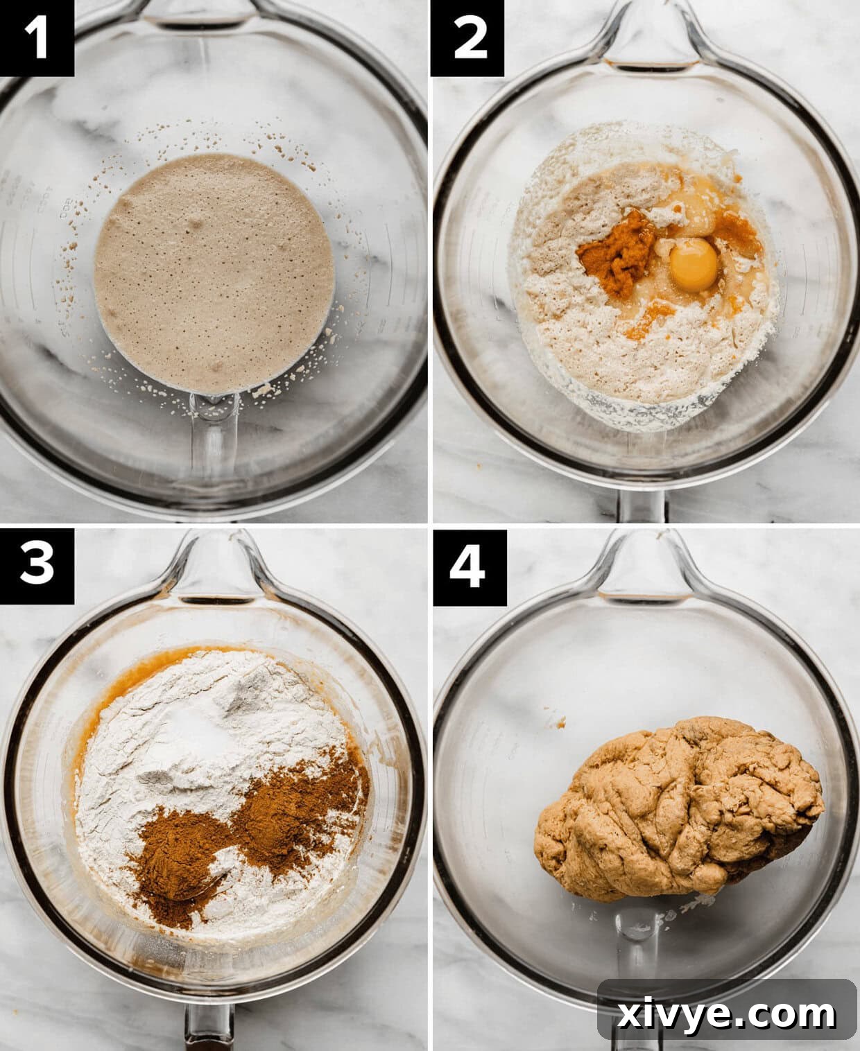 Warm Autumn Pumpkin Scrolls 4 A visual guide showing the progression of pumpkin bread dough for cinnamon rolls: a clear bowl with bubbling yeast (top left), the addition of egg and pumpkin puree to the yeast mixture (top right), dry ingredients like flour and spices being added (bottom left), and the finished vibrant pumpkin dough in the glass bowl (bottom right).