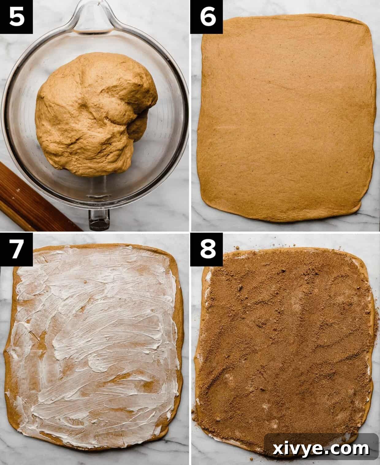 Warm Autumn Pumpkin Scrolls 5 A visual sequence showcasing the creation of Pumpkin Cinnamon Rolls: the vibrant pumpkin dough rests in a glass bowl after rising (top left), then expertly rolled into a smooth rectangle (top right), followed by softened butter generously smeared across the dough (bottom left), and finally, the fragrant cinnamon sugar mixture evenly sprinkled over the buttered surface (bottom right).