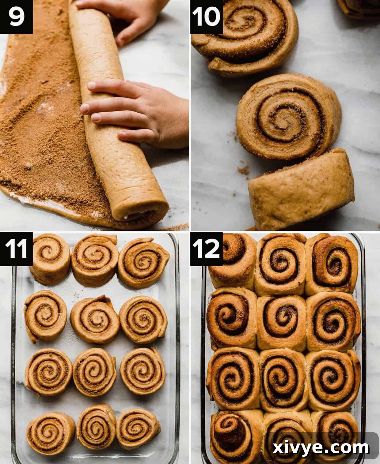 Warm Autumn Pumpkin Scrolls 6 The process of preparing pumpkin cinnamon rolls: from spiced pumpkin dough being expertly rolled, to neatly cut pinwheels carefully placed in a rectangle baking dish, ready for baking.