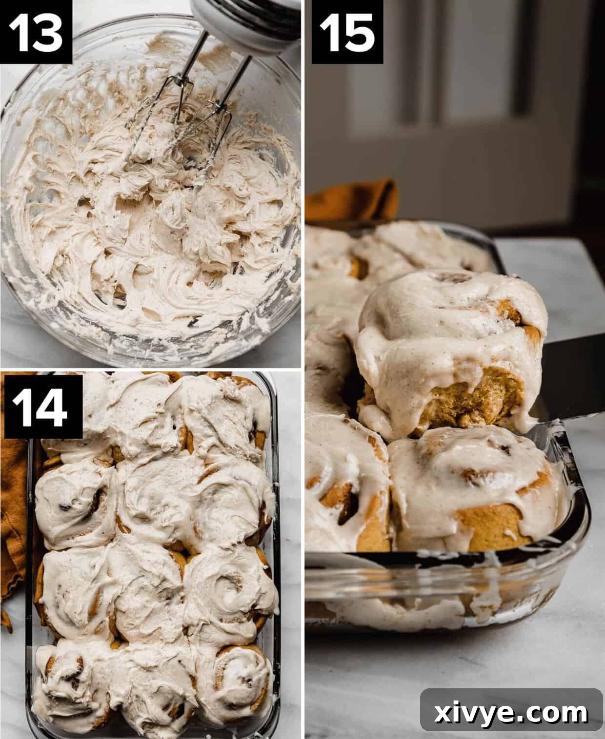 Warm Autumn Pumpkin Scrolls 7 A three-panel photo sequence showing the creation of the final touch for Pumpkin Cinnamon Rolls: luscious cinnamon frosting captured in a glass bowl (first image), followed by two close-up shots of the creamy frosting being expertly spread over warm, freshly baked homemade Pumpkin Cinnamon Rolls, ready to be enjoyed.