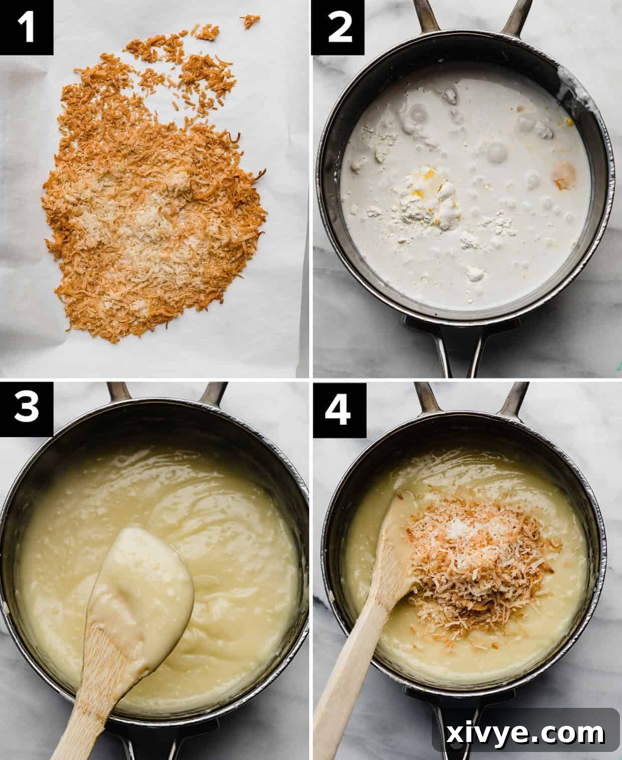 Creamy Coconut Bliss 4 A sequence of four process photos showing the preparation of coconut cream pie filling. It illustrates adding sugar, egg yolks, and half and half to a pot, demonstrating the custard cooking process.