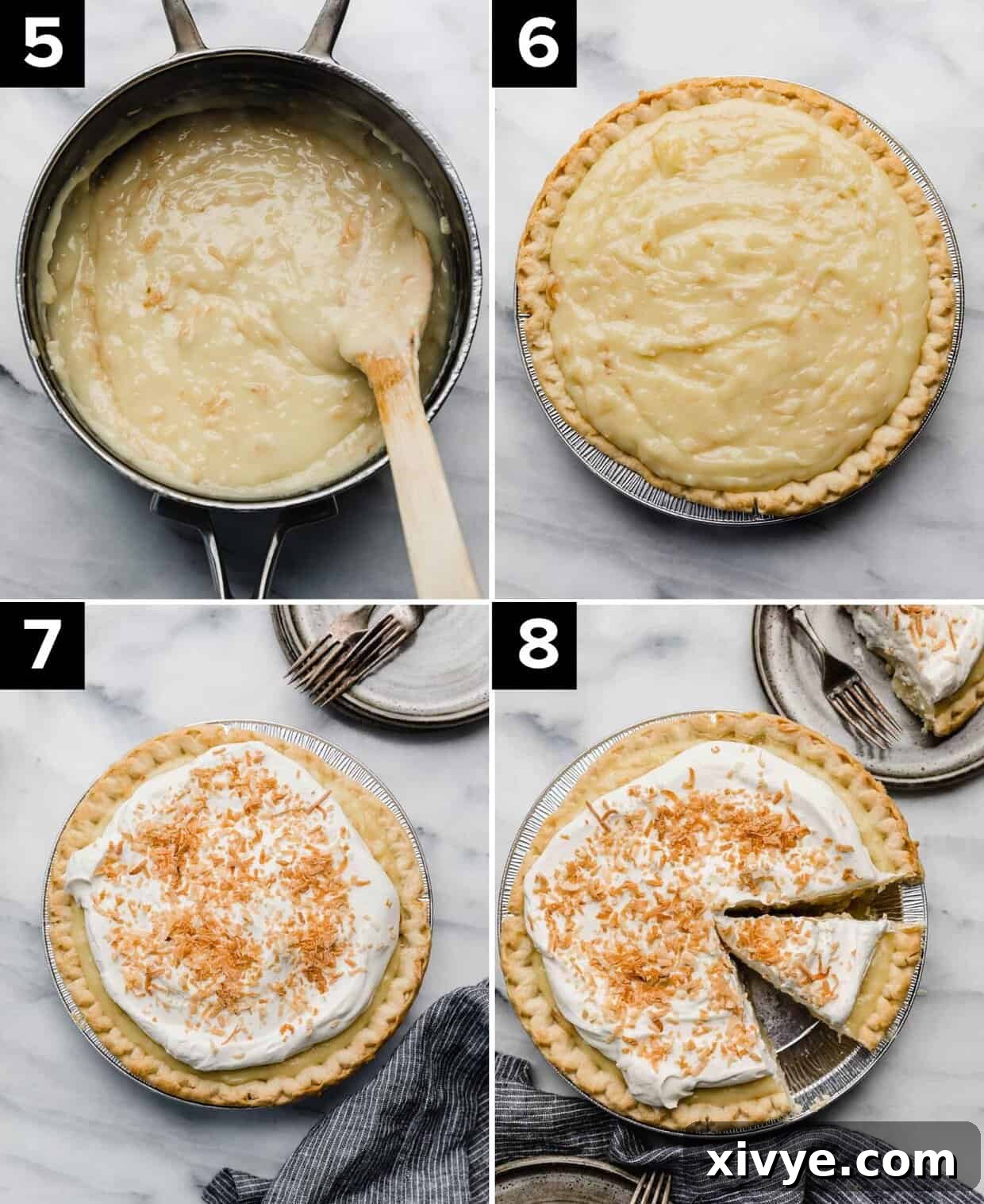 Creamy Coconut Bliss 5 A series of four photos detailing the final steps of making a coconut cream pie: cooked filling in a pot, the filling poured into a butter pie crust (top row), and finally, the pie topped with whipped cream and flaked coconut before being sliced (bottom row).