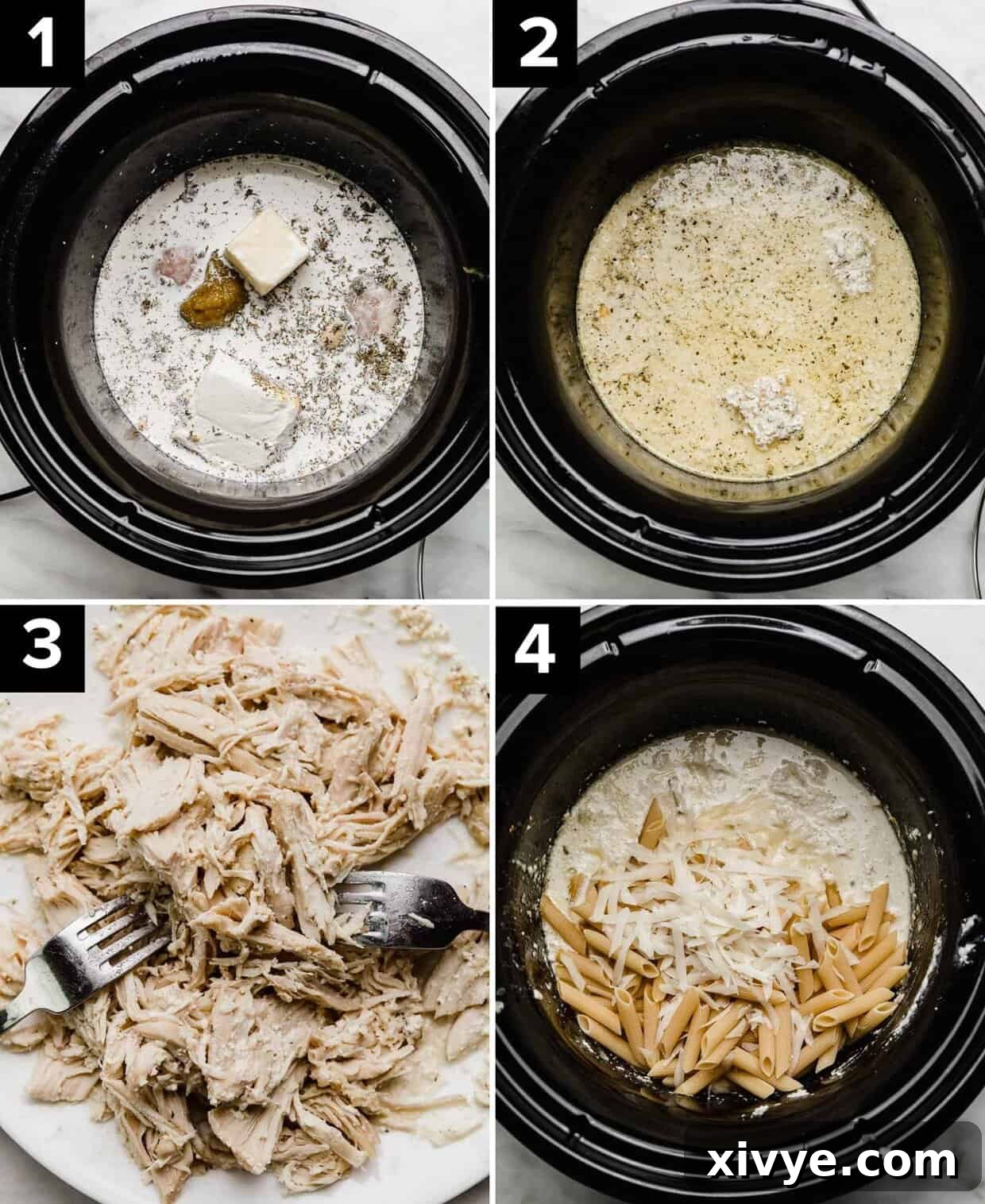 Four photos showing how to make chicken Alfredo in the crock pot.