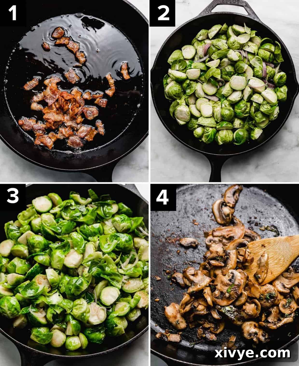 Four photos showing how to make Brussels sprouts gratin recipe with bacon: cooked bacon in a skillet (top left), halved Brussels sprouts in a skillet (top right, and bottom left photos), browned mushrooms in a skillet (bottom right). 