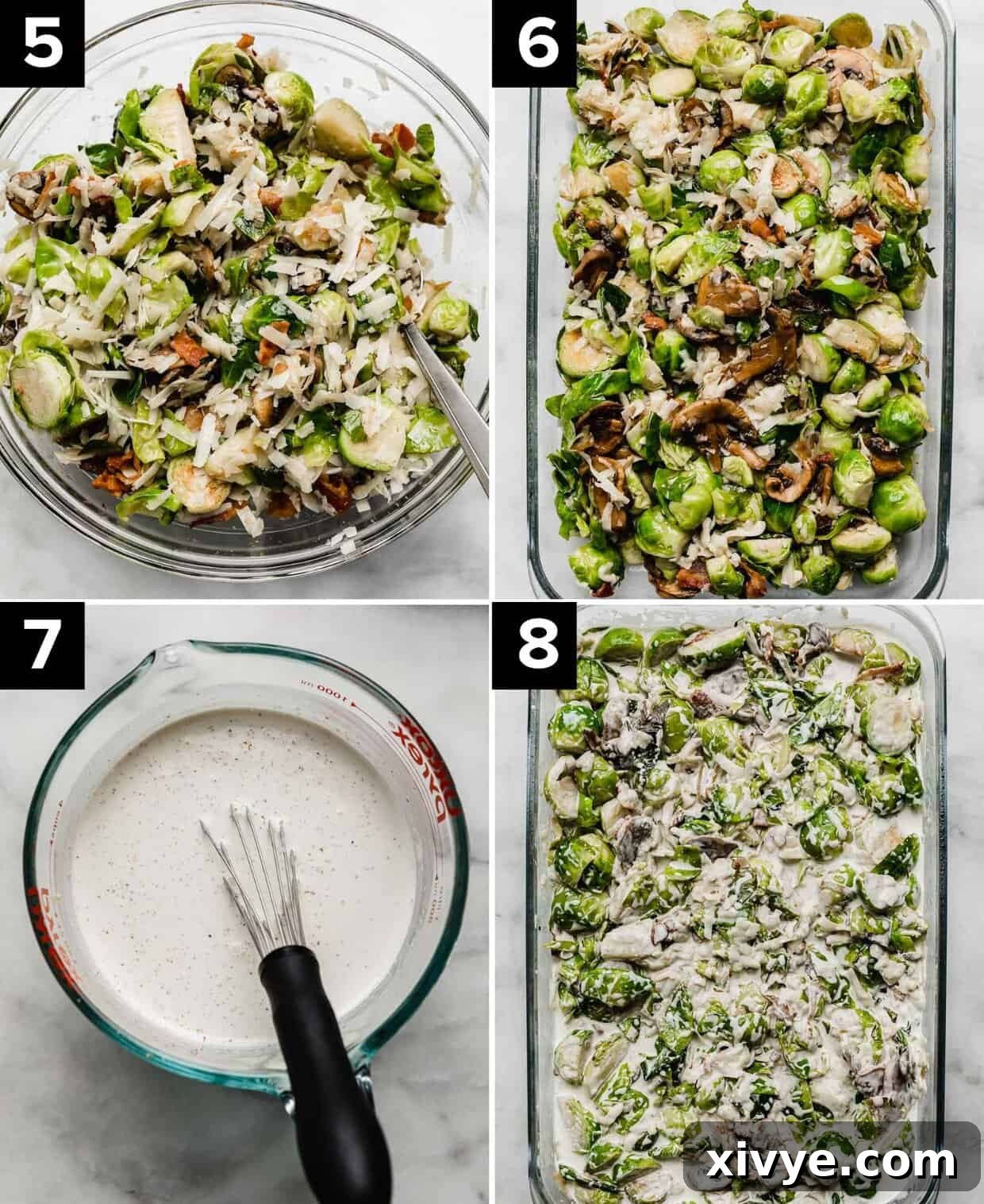 Four photos showing how to make easy Brussels sprouts gratin: Brussels, mushrooms, and cheeses in glass bowl (top left), Brussels sprouts gratin mixture in rectangle baking dish (top right), heavy cream with nutmeg in a glass cup (bottom left), unbaked Brussels Sprouts Gratin with Bacon in a baking dish (bottom right). 