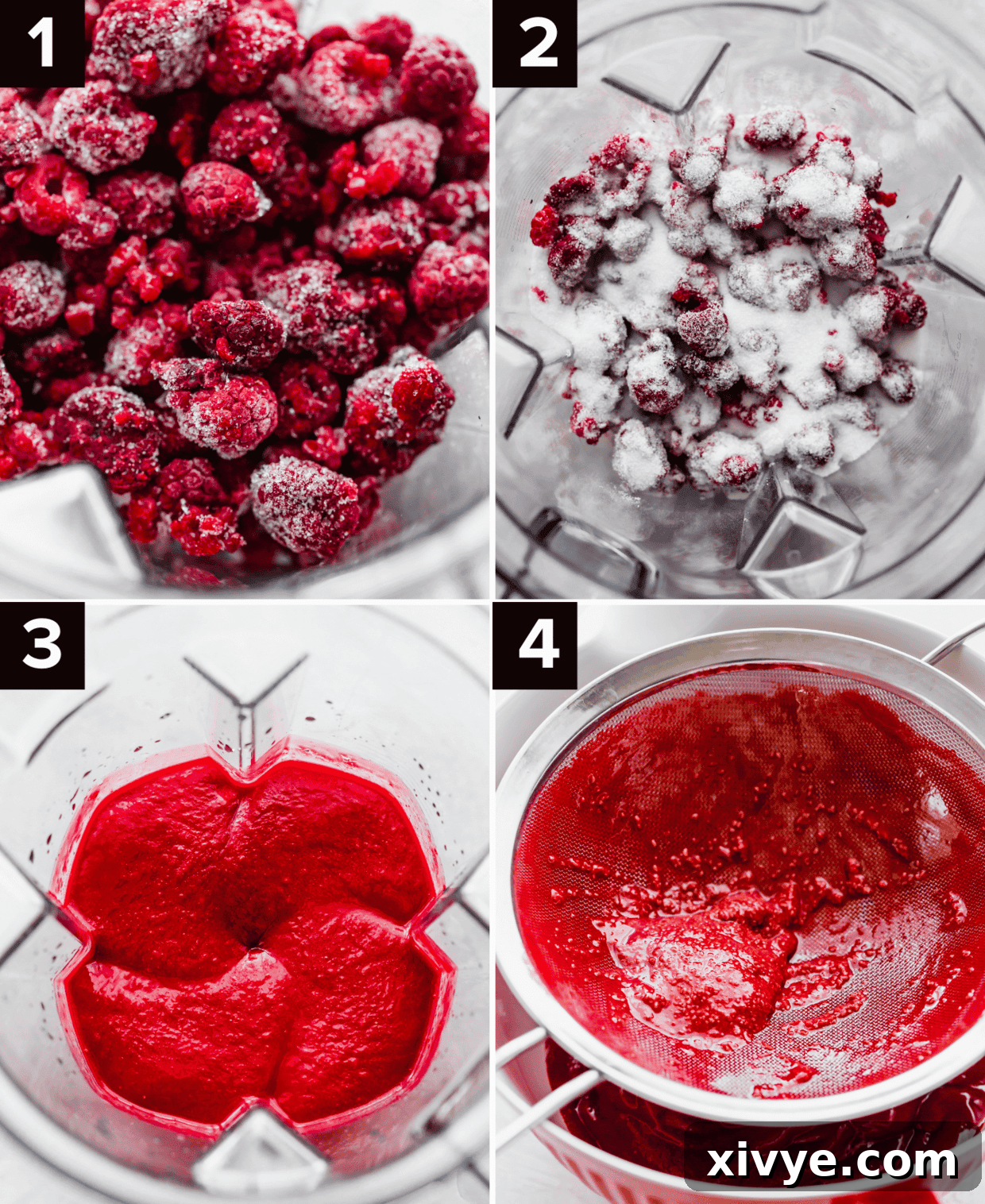 Crimson Raspberry Chill 4 Four images showing how to make Raspberry Sorbet using corn syrup, a blender, and churning in ice cream maker.