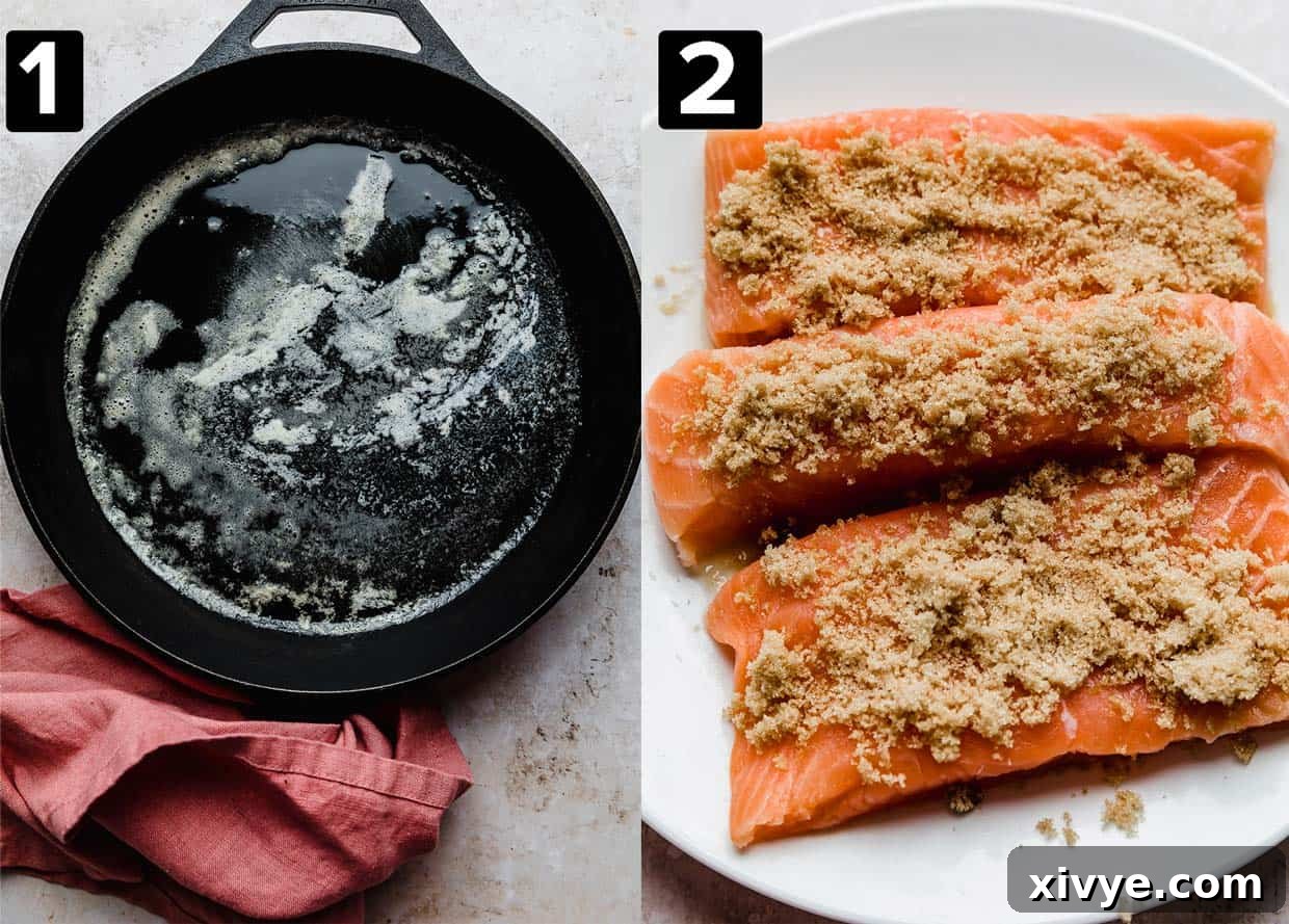 Two photos, left photo is a black cast iron pan with melted butter in it, right photo is raw salmon filets with brown sugar overtop of them.