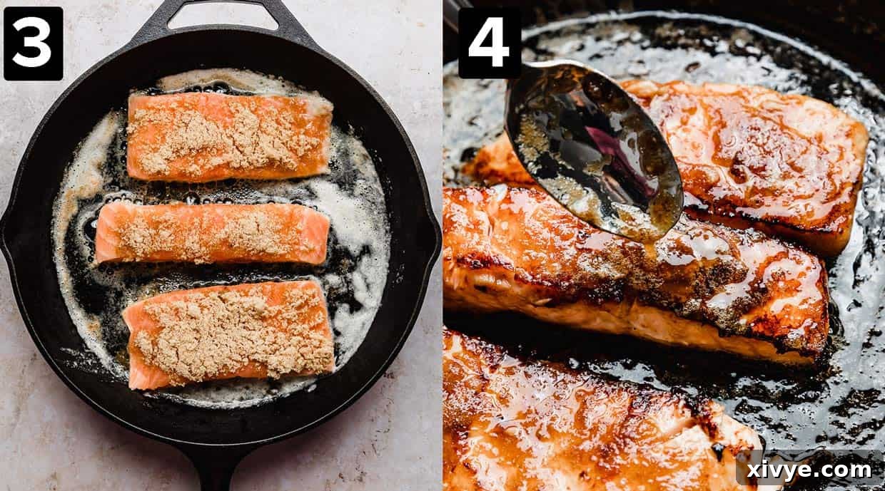 Two photos: left photo shows brown sugar salmon in a black skillet, right photo is a spoon drizzling brown sugar glaze overtop of salmon filets. 
