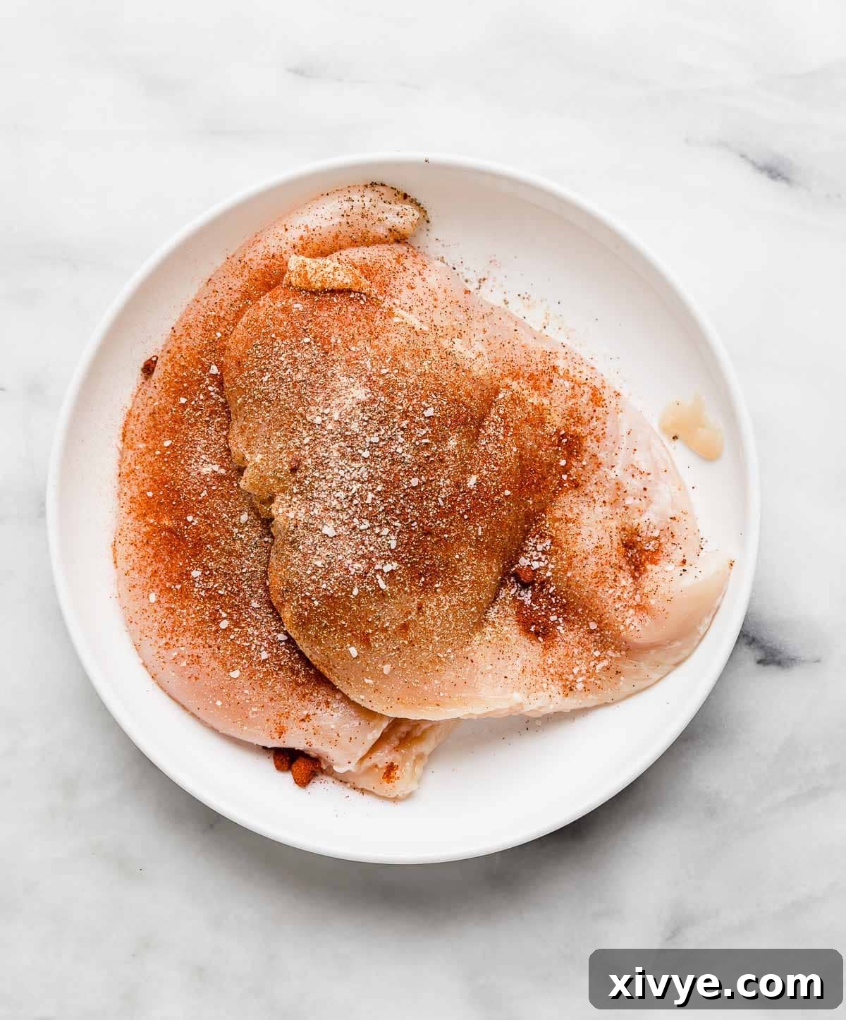 Effortless Bang Bang Chicken Bowls 4 Raw seasoned chicken breasts on a white plate, used for making the best bang bang chicken bowls.