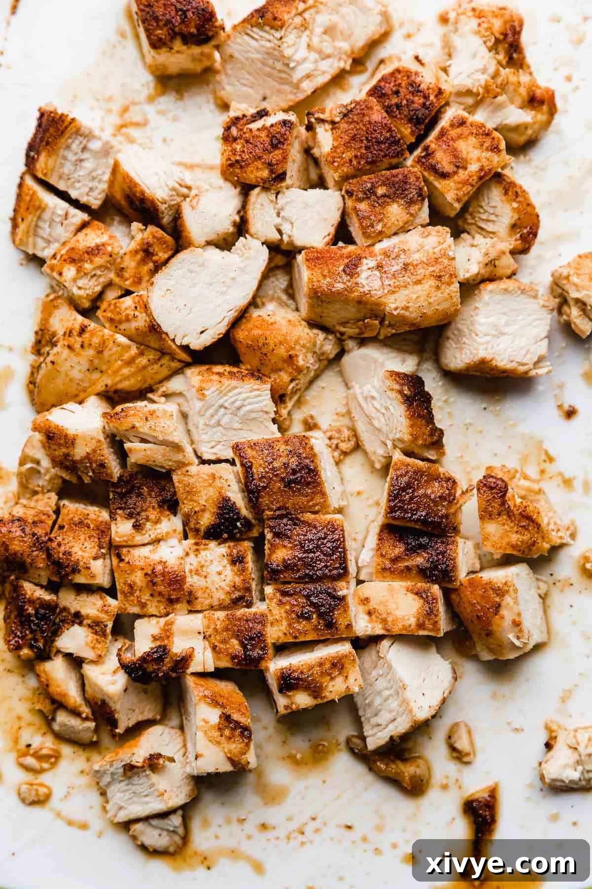 Effortless Bang Bang Chicken Bowls 6 Cooked, chopped chicken breasts on a white cutting board.