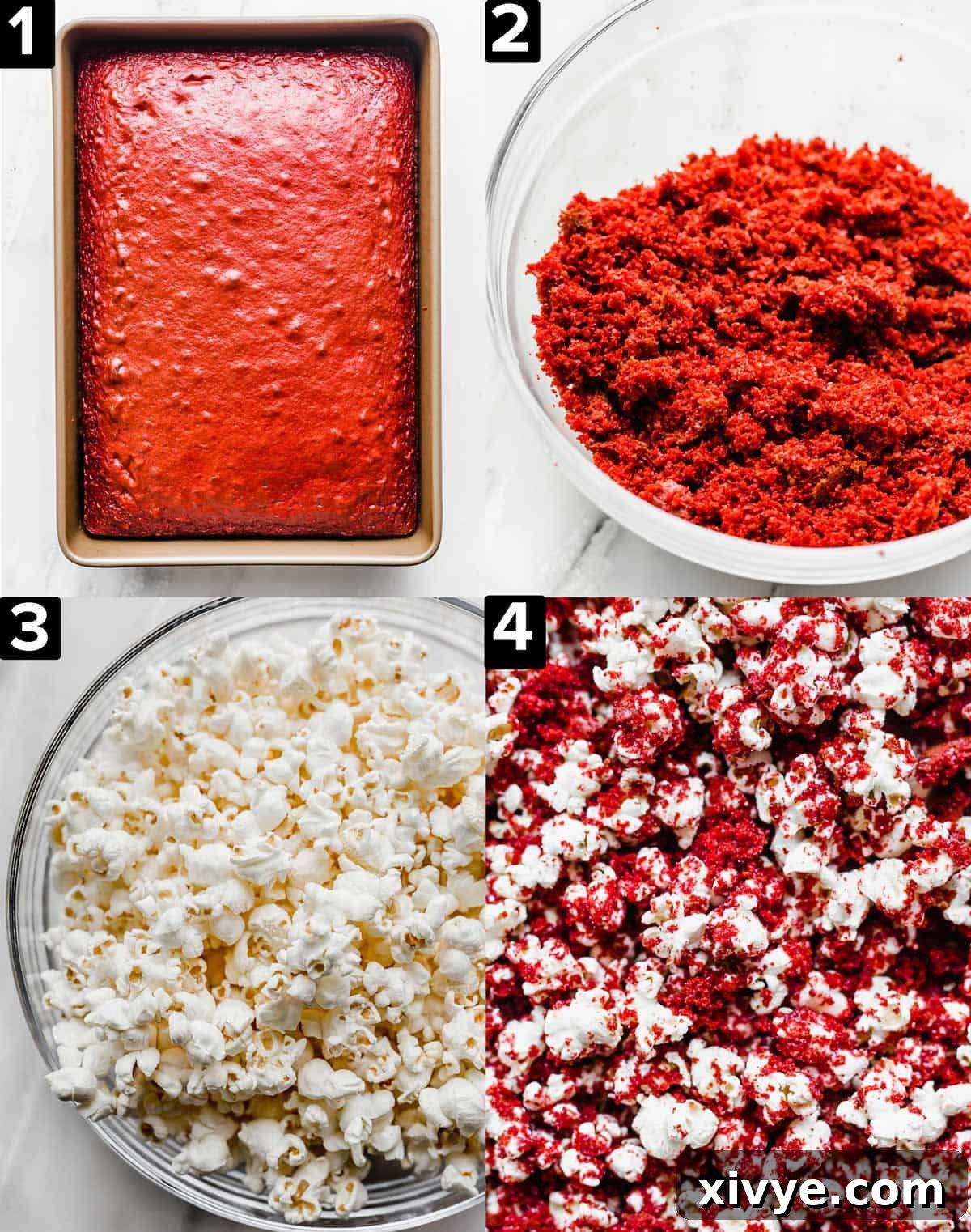 A collage of four images showing the Red Velvet Popcorn making process: a baked cake in a pan, crumbled cake, popped popcorn, and a close-up of the finished popcorn.