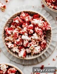 Red Velvet Popcorn recipe in a bowl, showing the finished product.