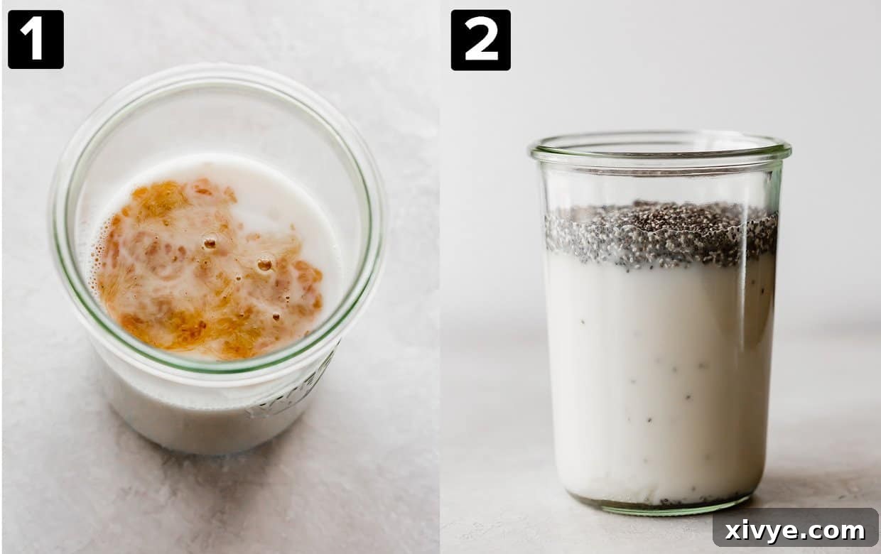 Overnight Oat Milk Chia Pudding 4 Two photos of chia pudding being made: left photo is milk with vanilla extract in a glass jar, the right photo has chia seeds on top of the milk in the jar.