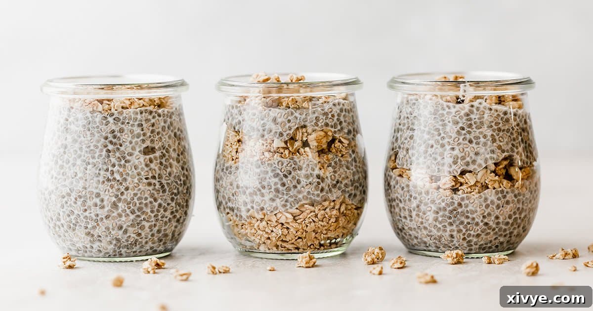 Overnight Oat Milk Chia Pudding 7 Three jars of chia pudding layered with granola.