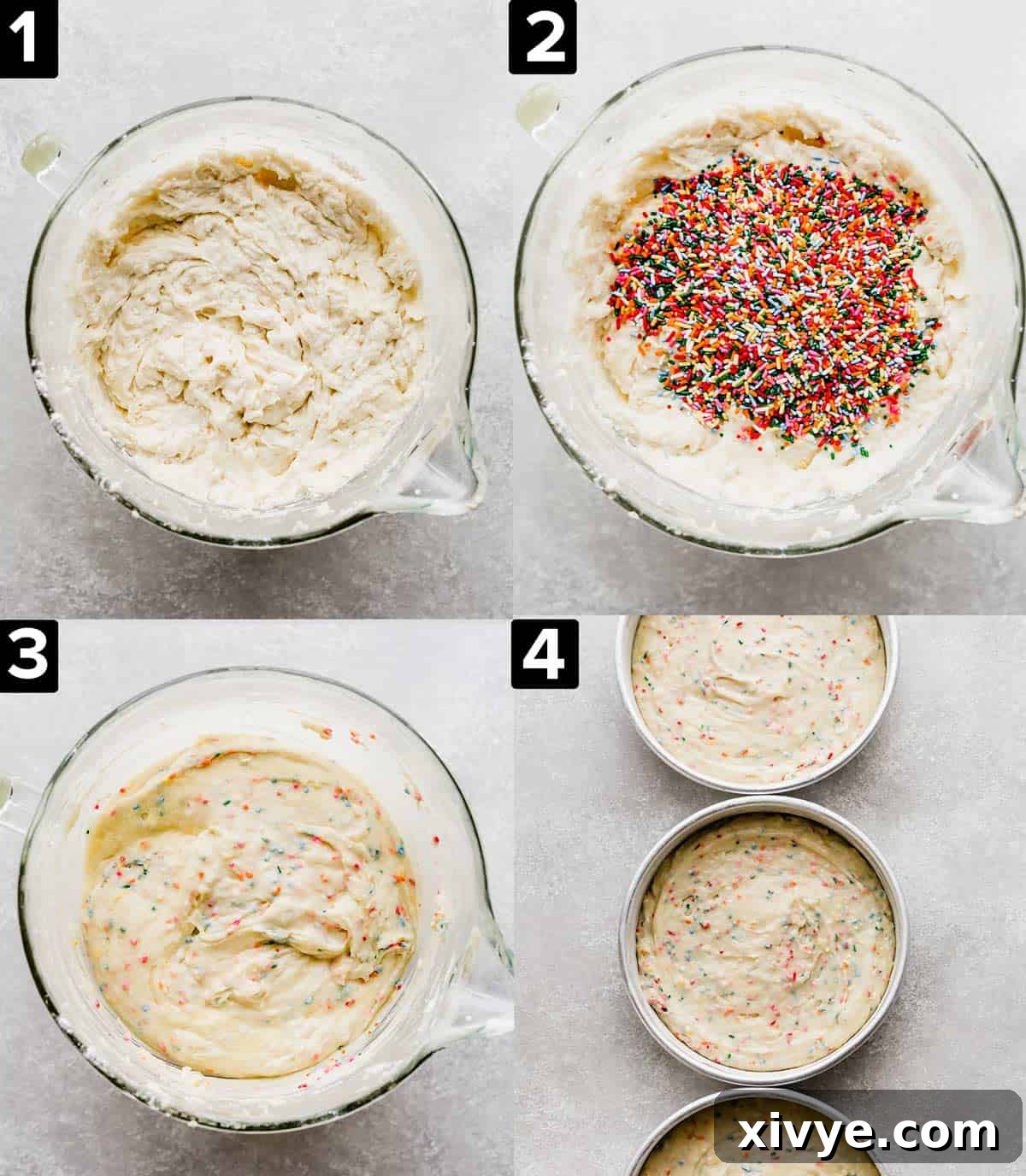 A collage of four images illustrating the process of mixing homemade funfetti cake batter, from creaming butter and sugar to folding in colorful sprinkles.