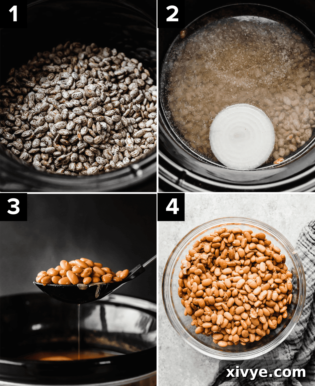 Hands-Off Slow Cooker Refried Beans 4 Four images showing the making of crock pot refried beans: top left photo is pinto beans in black crock pot, top right photo is water and onion overtop pinto beans in crock pot, bottom left image is slotted spoon scooping up cooked pinto beans, bottom right photo is cooked pinto beans in glass bowl.