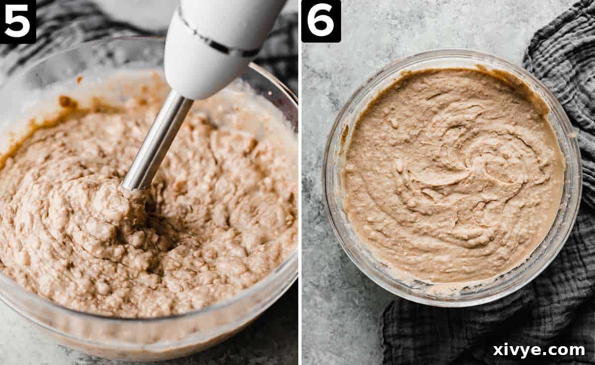 Hands-Off Slow Cooker Refried Beans 5 Left image is a hand blender mixing refried beans in glass bowl, right image is cooked refried beans in glass bowl.