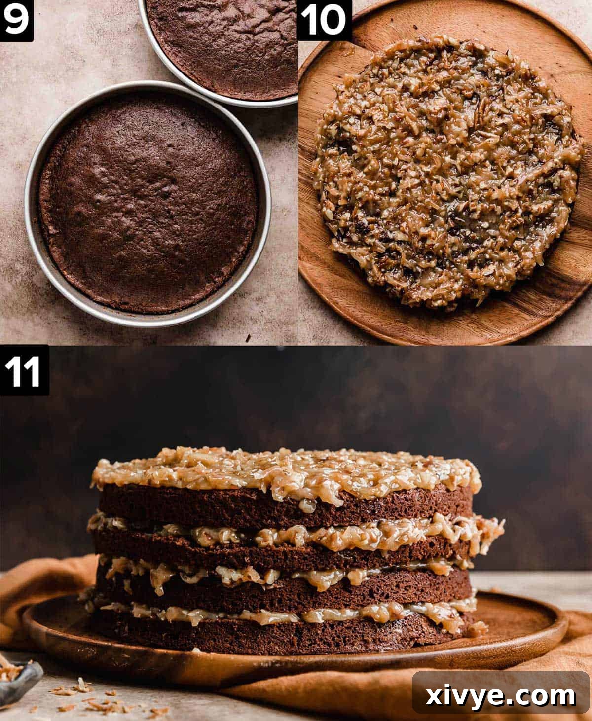 Top left image is of two baked Traditional German Chocolate Cakes in a cake pan. Top right image is coconut pecan frosting on top of a chocolate cake round. Bottom image is four layer traditional Traditional German Chocolate Cake on a brown cake plate. 