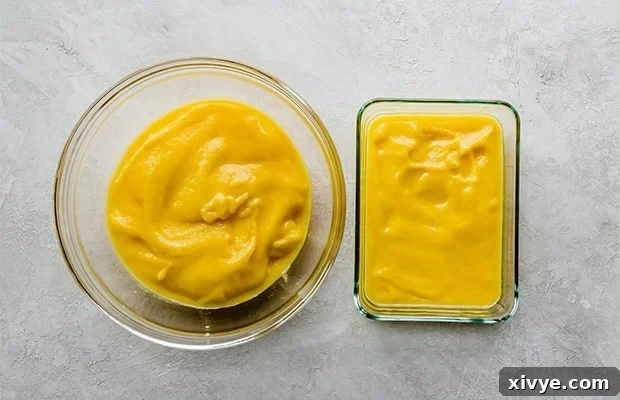 Two glass bowls of mango sorbet puree prior to freezing and churning.