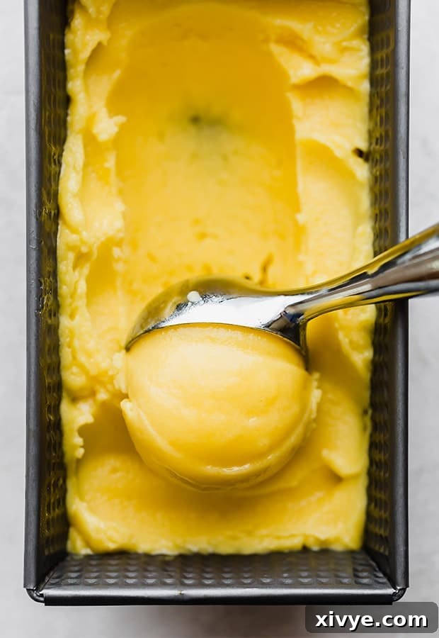 A scoop of creamy mango sorbet being scooped from a container.