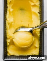 A scoop of creamy mango sorbet being scooped.