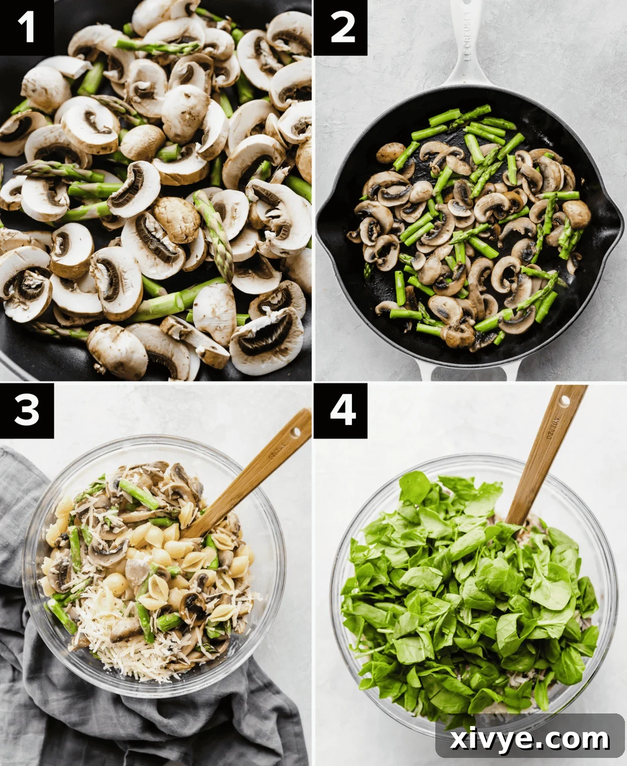 Four photos showing how to make Asparagus Spinach Pasta with goat cheese, top left image is mushrooms in a pot, top right is cooked mushrooms and asparagus in a skillet, bottom left image is glass bowl filled with pasta and mushrooms/asparagus, and bottom right is spinach in a large glass bowl. 