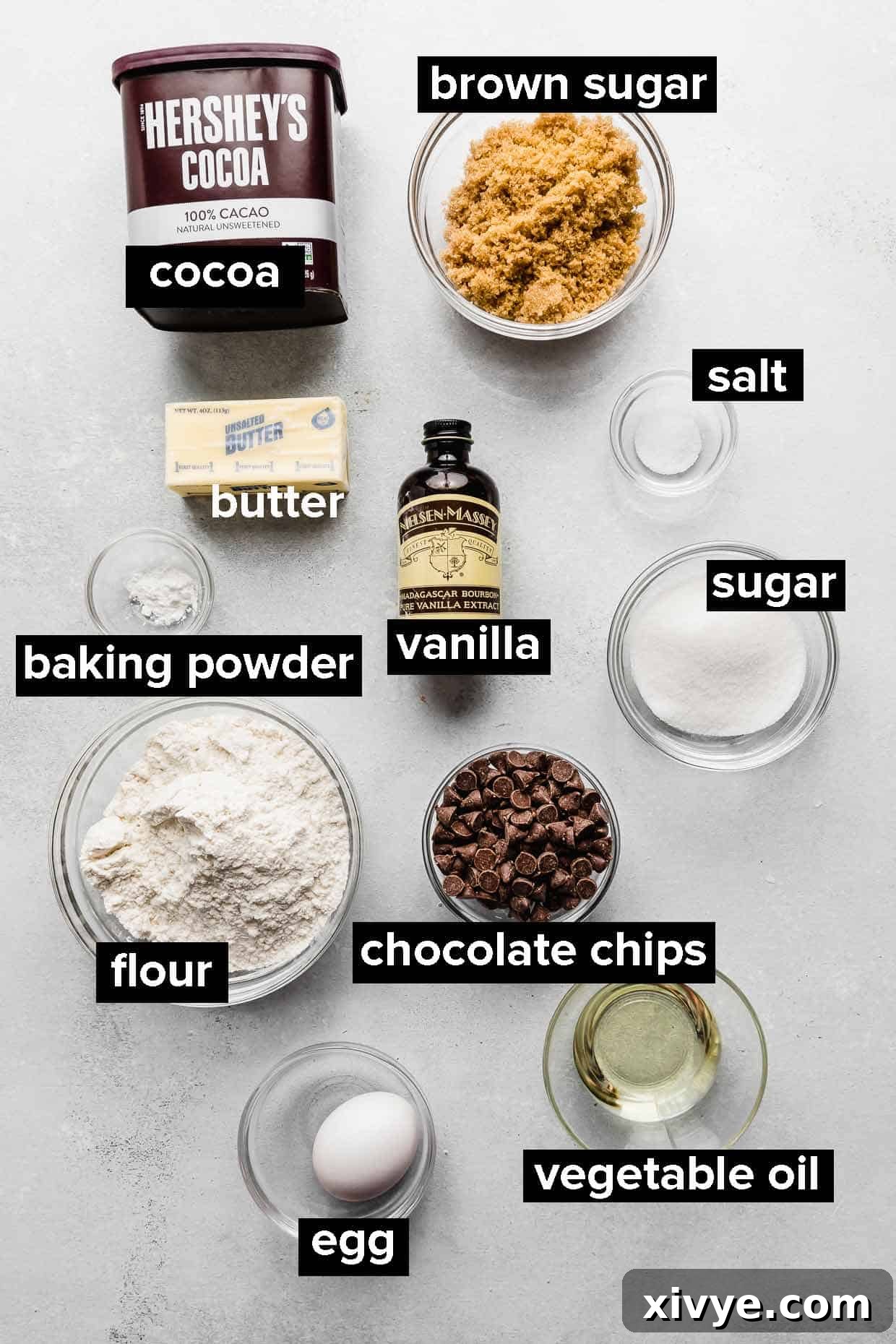 A flat lay of ingredients used to make fudgy brownie cookies, including cocoa powder, butter, sugars, and chocolate chips.