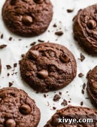 Brownie cookies loaded with chocolate chips surrounded by chocolate shavings.