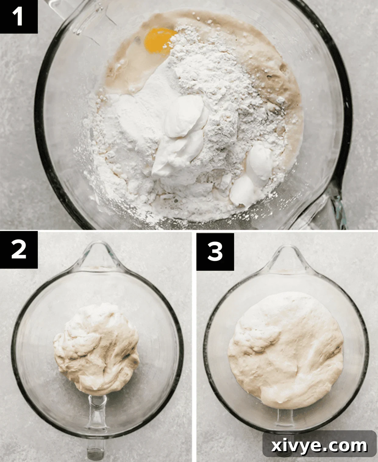 Three images showing how to make yogurt naan dough in a glass mixing bowl on a light gray background.