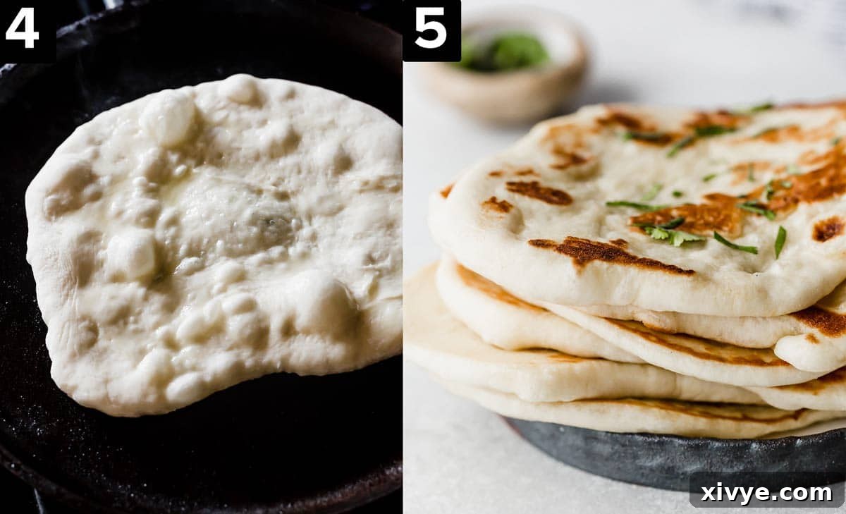 Two images, left image is Greek Yogurt Naan Bread on a cast iron skillet, high image is a stack of naan bread yogurt topped with chopped cilantro.